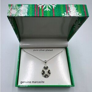 JC Penny Genuine Marcasite Teardrop Pendant Silver Plated Necklace Boxed Gift